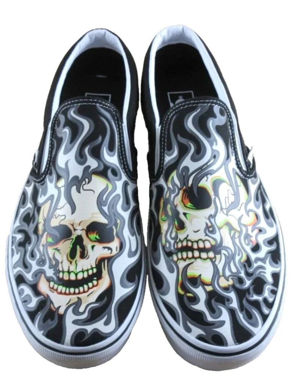Vans Men's Classic Slip On Flame Skull Black White Canvas Shoes Size 13 NEW